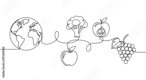 Continuous line drawing of globe with healthy food.