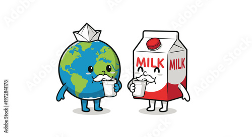Cute cartoon Earth and milk carton enjoying drinks together.