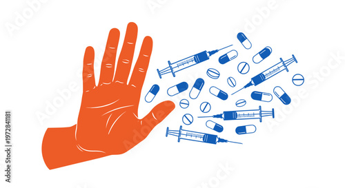 Hand stopping drug abuse with syringes and pills.