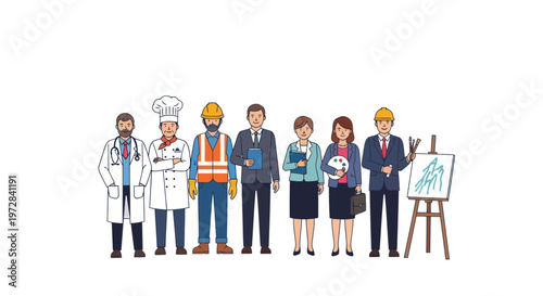 Diverse group of professionals representing various career paths and job roles.