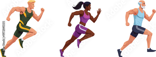 Diverse athletes running fast, muscular man and woman sprinting, fitness training, healthy lifestyle, active people, sports competition, energetic workout