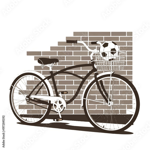 A classic cruiser bicycle with a metal wire basket containing a soccer ball, parked against a brick wall, suburban nostalgia, mid-century sports prep, sepia tones, minimalist flat vector