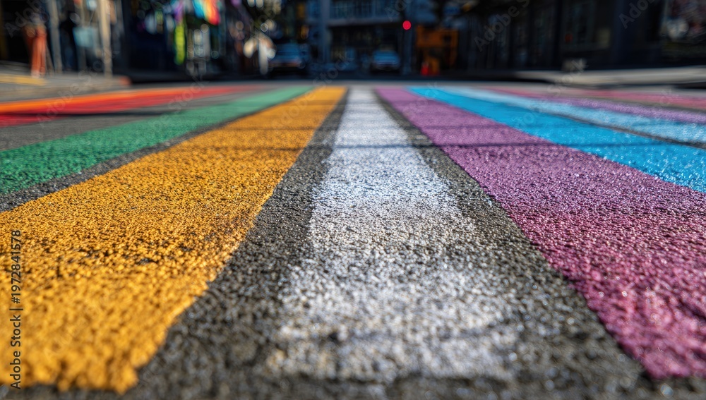 Fototapeta premium Vibrant Rainbow Crosswalk Painted on Asphalt Street.