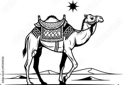 Illustration of a camel with a saddle, a symbol of desert travel and endurance
