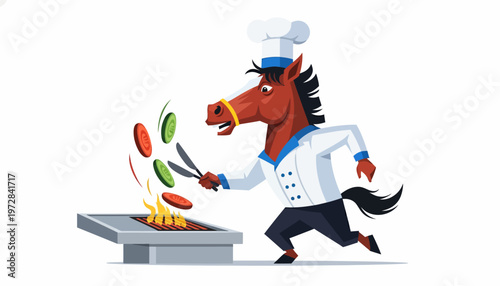Energetic horse chef cartoon skillfully grills colorful vegetables on a barbecue, depicting culinary fun, healthy eating, and a vibrant cooking experience