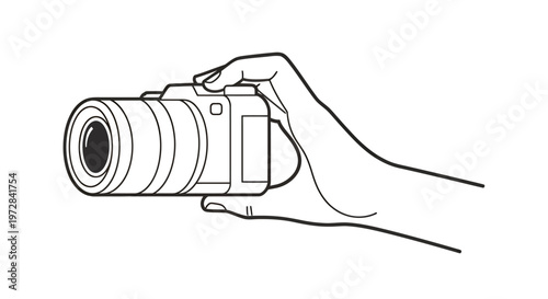 Minimal line drawing of a hand holding a camera with a lens, vector illustration.