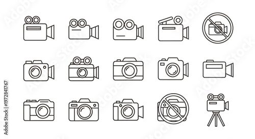 Collection of camera and video icon illustrations for graphic design and media projects.