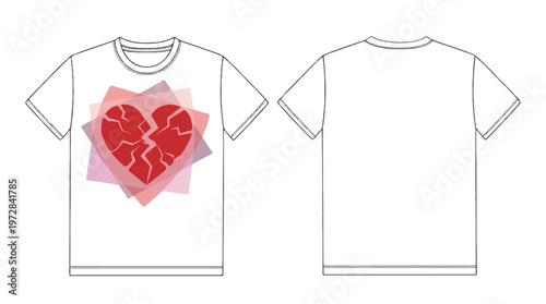 Red broken heart illustration on white t-shirt mockup with soft background with t shirt with graphic design with design element with apparel design