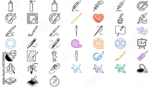 Mega Collection of 45 Art and Creativity Vector Icons, Featuring Painter's Palette, Easel, Quill Pen, Knitting, Crochet, Pottery Wheel, Spray Paint, and Craft Tools, Minimalist Flat Design.