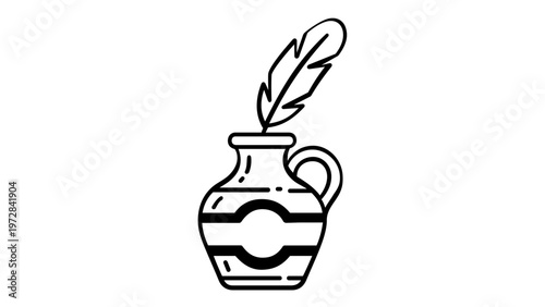 Minimalist ink bottle and quill feather pen vector icon illustration. Elegant black line art design representing writing, literature, poetry, history, and creative arts. Scalable AI-generated graphic.