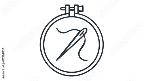 Minimalist embroidery hoop with needle and thread vector icon illustration for sewing, needlework, and handmade craft projects, scalable flat design for DIY hobby and creative art concepts.