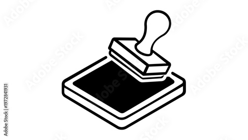 Rubber stamp and ink pad vector icon illustration. Minimalist black line art design of a manual stamper for office documents, business approval, scrapbooking, and creative craft projects.