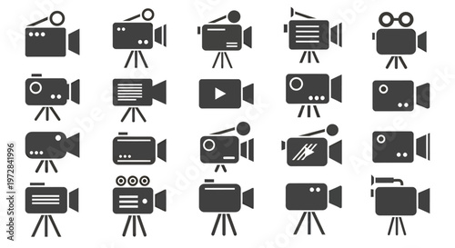 Collection of film cameras icons and video equipment symbols for graphic design.
