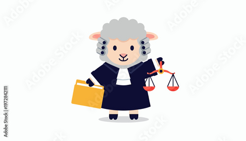 Charming cartoon sheep character depicting a judge, holding scales of justice and a legal folder, symbolizing law, fairness, and judicial authority