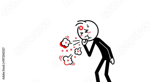 Stick Figure Coughing and Sneezing with Germs, Illness Illustration