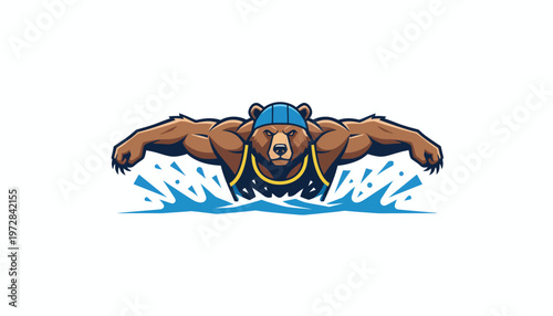 Dynamic Cartoon Bear Swimmer Mascot Illustration - A Powerful Aquatic Athlete in Action with Splashing Water, Ideal for Sports Teams and Brand Identity