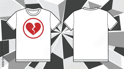 Front and back t-shirt templates with simple broken heart icon and radial geometric pattern with t shirt template with clothing mockup