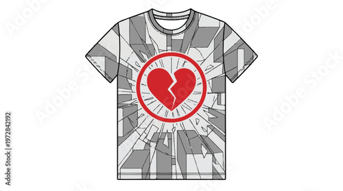 Radiating broken heart design on t-shirt mockup with abstract geometric background with t shirt with apparel design with clothing mockup