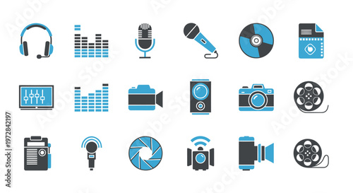 Collection of generic media and tech icons including audio, devices, and office imagery.