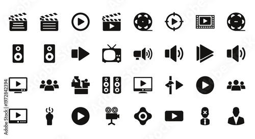Collection of various black vector icons and UI symbols on white background.