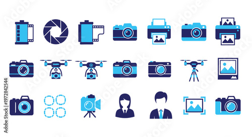Blue vector icon collection featuring cameras, drones, folders and people for graphic design projects.