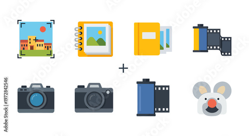 Assorted Travel and Photography Icon Set Featuring Cameras Notebooks Folders and Film Elements.
