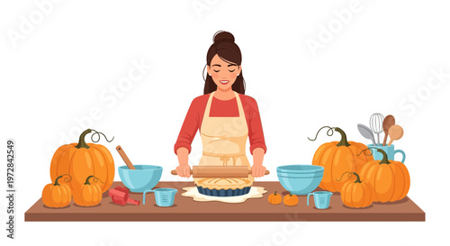 Woman Baking a Delicious Pie in the Kitchen with Autumnal Decorations