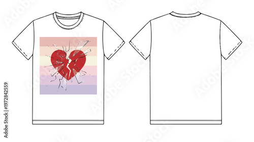 Broken heart design on t-shirt template with soft gradient background, front and back, graphic design, fashion design, clothing mockup, apparel design