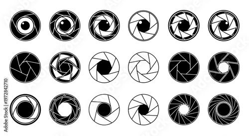 Array of Aperture Icons Exhibiting Circular Shutter Patterns and Monochrome Geometry for Graphic Design Resources.