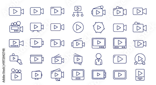 Collection of blue outlined video play icons arranged in a neat grid.