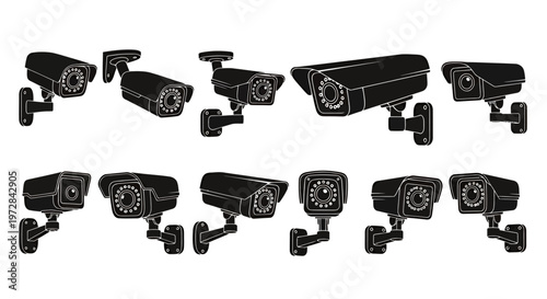 Multiple CCTV surveillance cameras arrayed together for security monitoring and video recording.