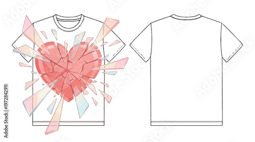 Front and back white t-shirt mockups with abstract shattered red heart graphic design with t shirt