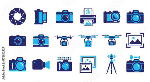 Blue photography icon set featuring cameras and equipment for graphic design and illustration.