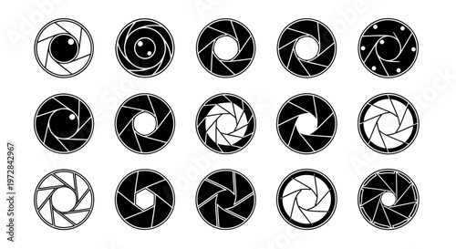 Collection of circular camera aperture icons in black and white styles for graphic design.