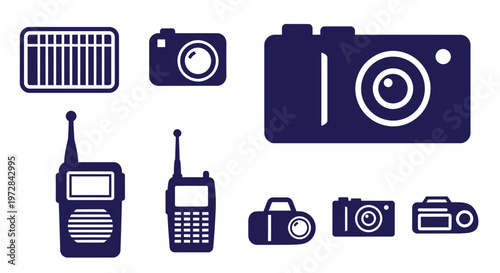 Assorted Camera Icons and Related Devices in Blue Vector Illustration for Graphic Resources.