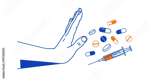 Hand making a stop gesture towards pills and a syringe for drug addiction prevention