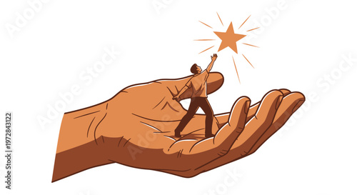 Man on a helping hand reaches for a glowing star, symbolizing ambition and support.