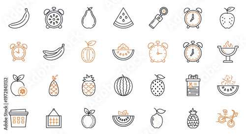 Minimalist line icon set featuring healthy fruit, alarm clocks, and daily lifestyle elements.