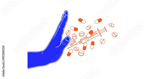 Hand rejecting drugs and syringe, symbolizing addiction prevention and healthy choices.
