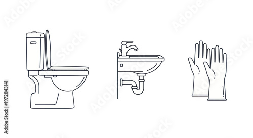 Minimalist line art icons of bathroom essentials for cleanliness and hygiene.