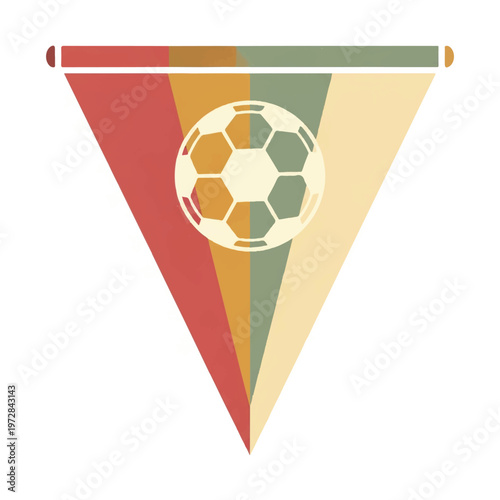 A triangular felt pennant flag with a simplified vintage soccer ball icon, representing fan memorabilia, faded sepia colors. Palette: faded red, cream, ochre, sepia. minimalist flat vector