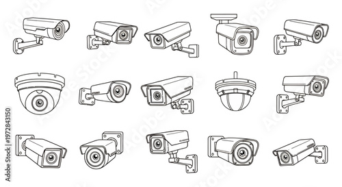 Collection of security cameras and surveillance devices depicted as line art icons and illustrations.