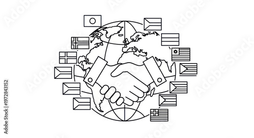 Handshake over globe with flags symbolizing global cooperation and international partnership.