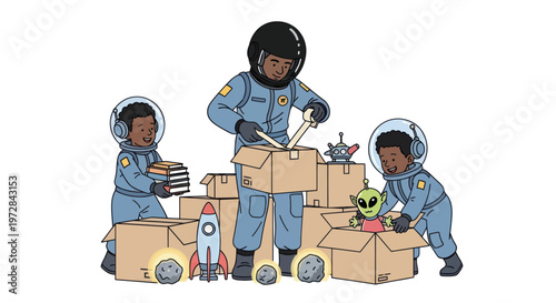 Astronaut family packs up for an exciting space adventure.