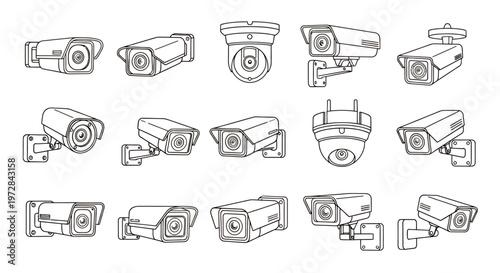 Collection of Various Security Cameras in Line Art Style.