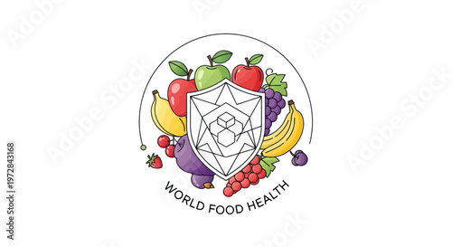 Illustration of healthy food and a health emblem.