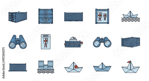 Maritime Transport and Shipping Logistics Vector Icons Set