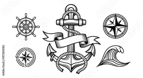 Nautical Symbols Collection: Anchor, Compass, Ship Wheel, and Wave