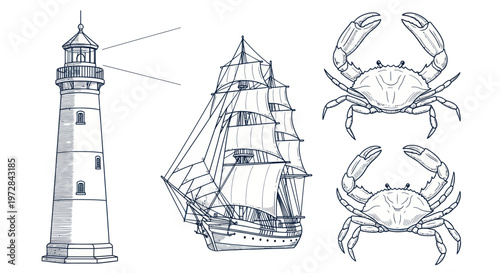 Nautical elements: lighthouse, sailing ship, and crabs