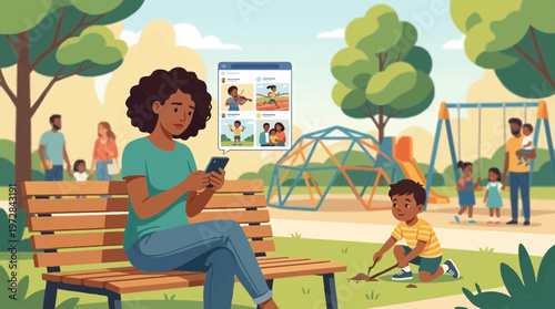 Sad Mother Comparing Her Life to Social Media in the Park